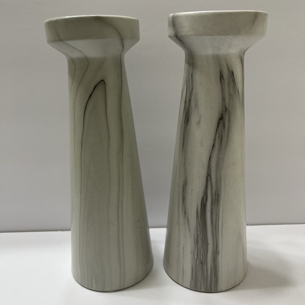 Ceramic Pillar Candle Holders Marble Look Gray White Swirl 12" Set Of 2